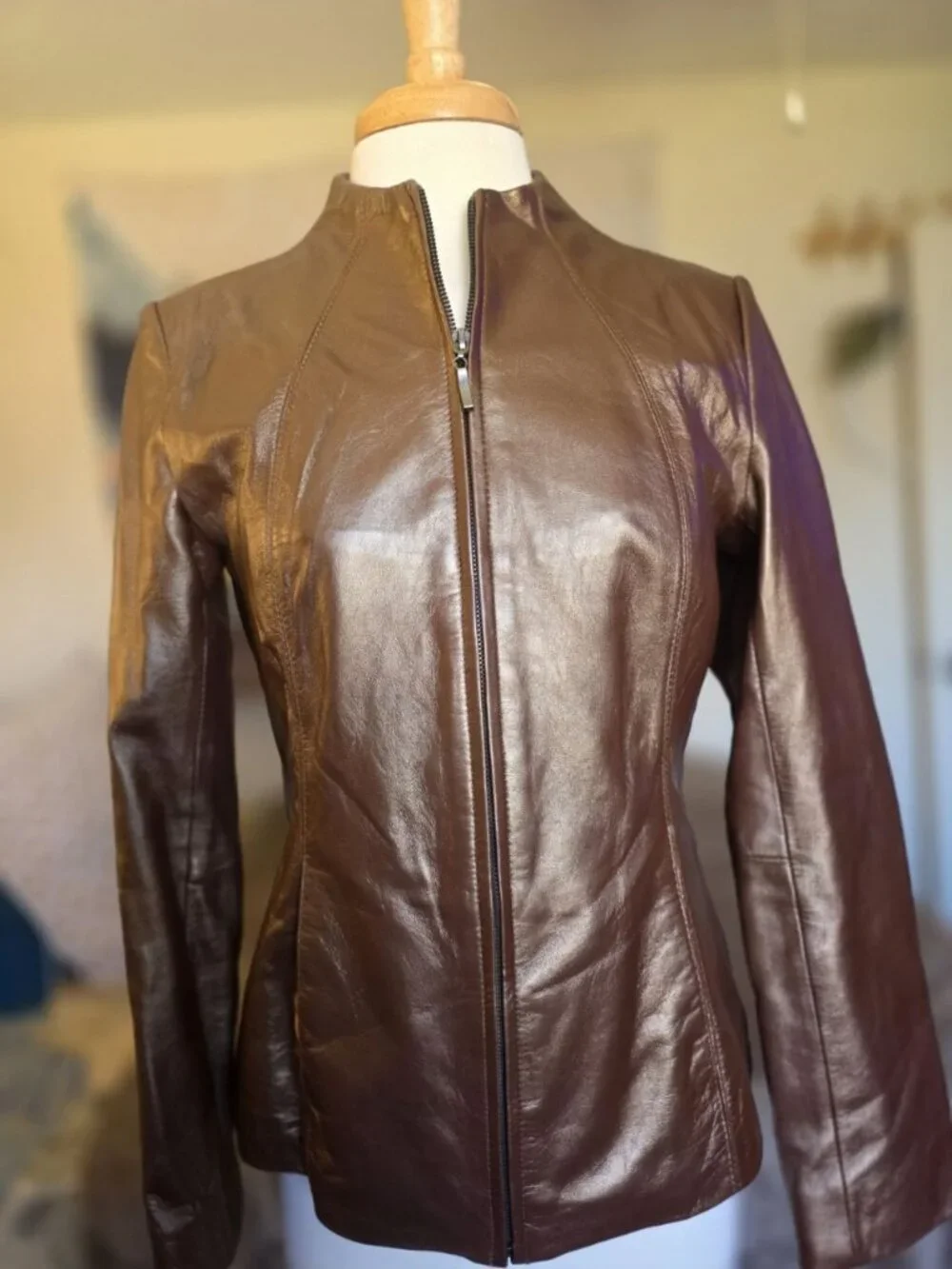 Vintage Neiman Marcus Pearlized Bronze Lamb Leather Collarless Jacket M Metallic
